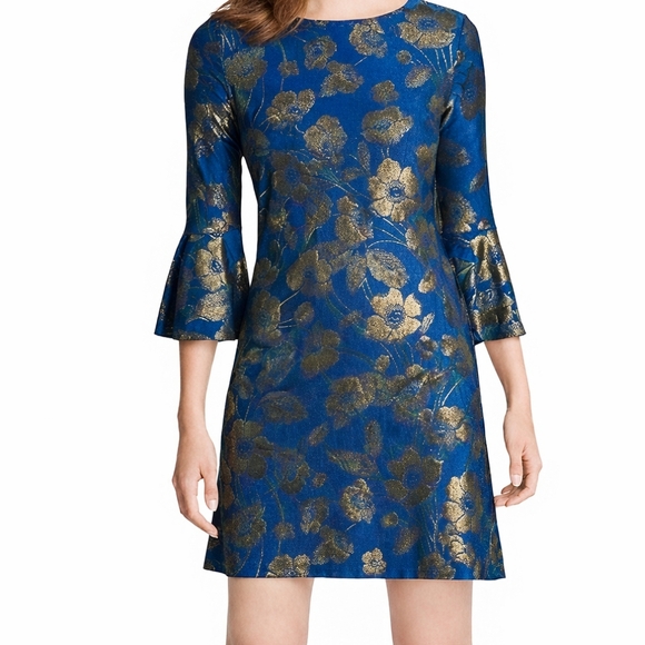 Tommy Hilfiger Dresses & Skirts - Tommy Hilfiger Blue & Gold Brocade Bell Sleeve Dress Size 4